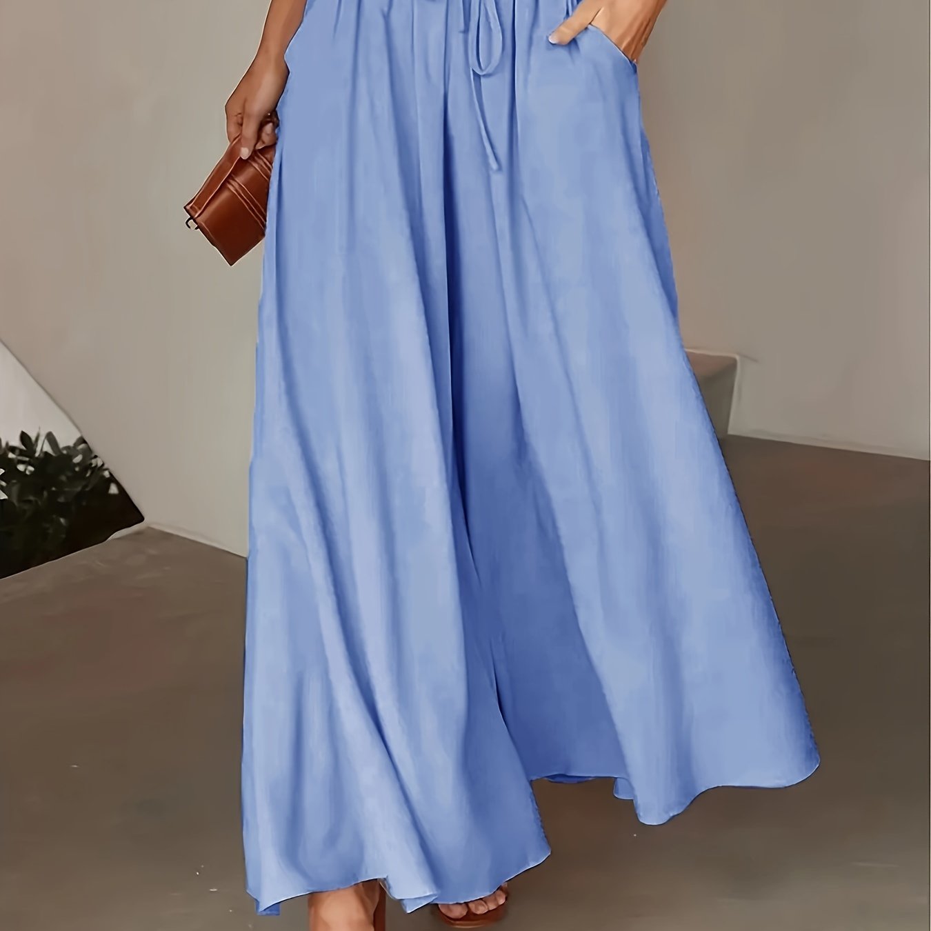 Pantalon Femme Jambe Large - Couleur Unie Élégante, Tissu Polyester Lisse Tissé - Décontracté Chic Toutes Saisons | Taille Micro-Élastique | Coupe Longue et Ample