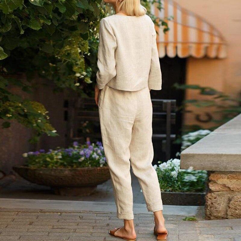 Ensemble Femme Deux Pièces en Coton – Blouse Manches Longues Élégante et Pantalon Taille Haute Relaxé – Respirant, Doux et Confortable au Quotidien