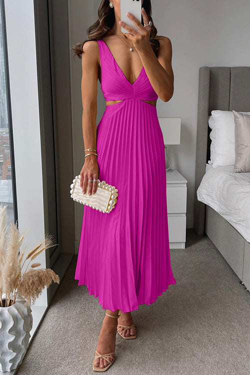 Robe Longue Satinée Femme Décolleté en V Plissé – Élégance Structurée