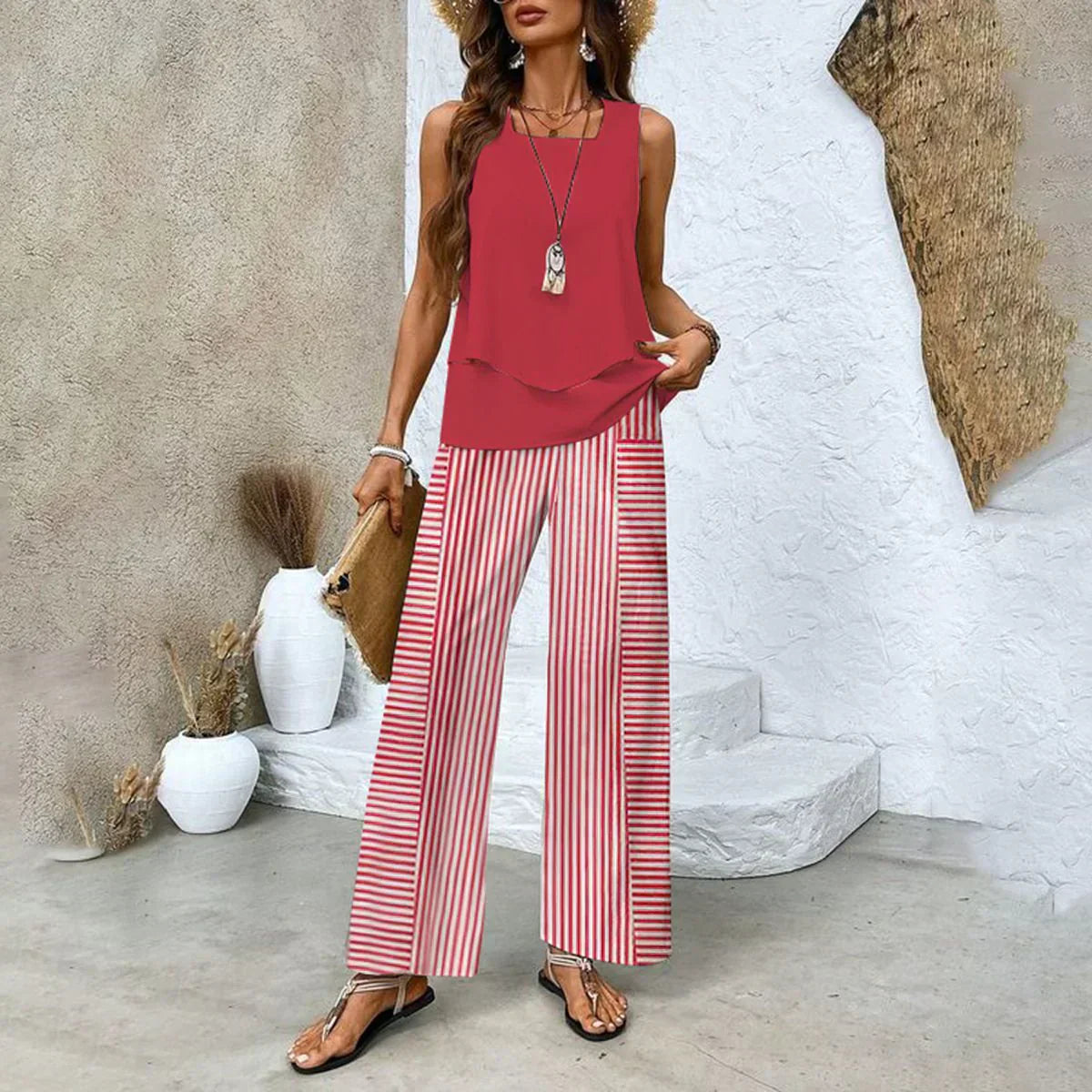 Ensemble d'Été Respirant Élégant Femme 2 Pièces – Haut Sans Manches Léger et Pantalon Taille Haute Large Assorti pour Journées Décontractées et Chic