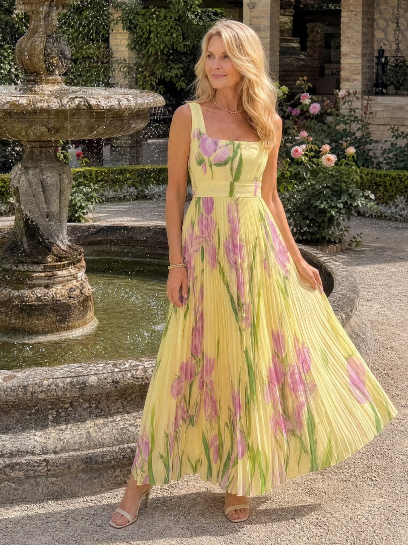 Robe midi plissee femme sans manches col carre - Elegante et estivale