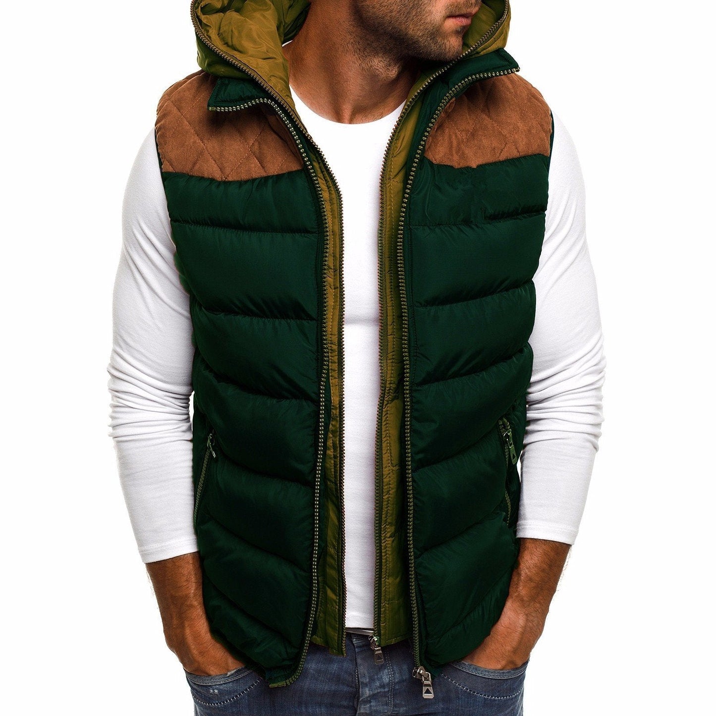 Veste sans manches à capuche en coton chaud pour homme avec intérieur matelassé