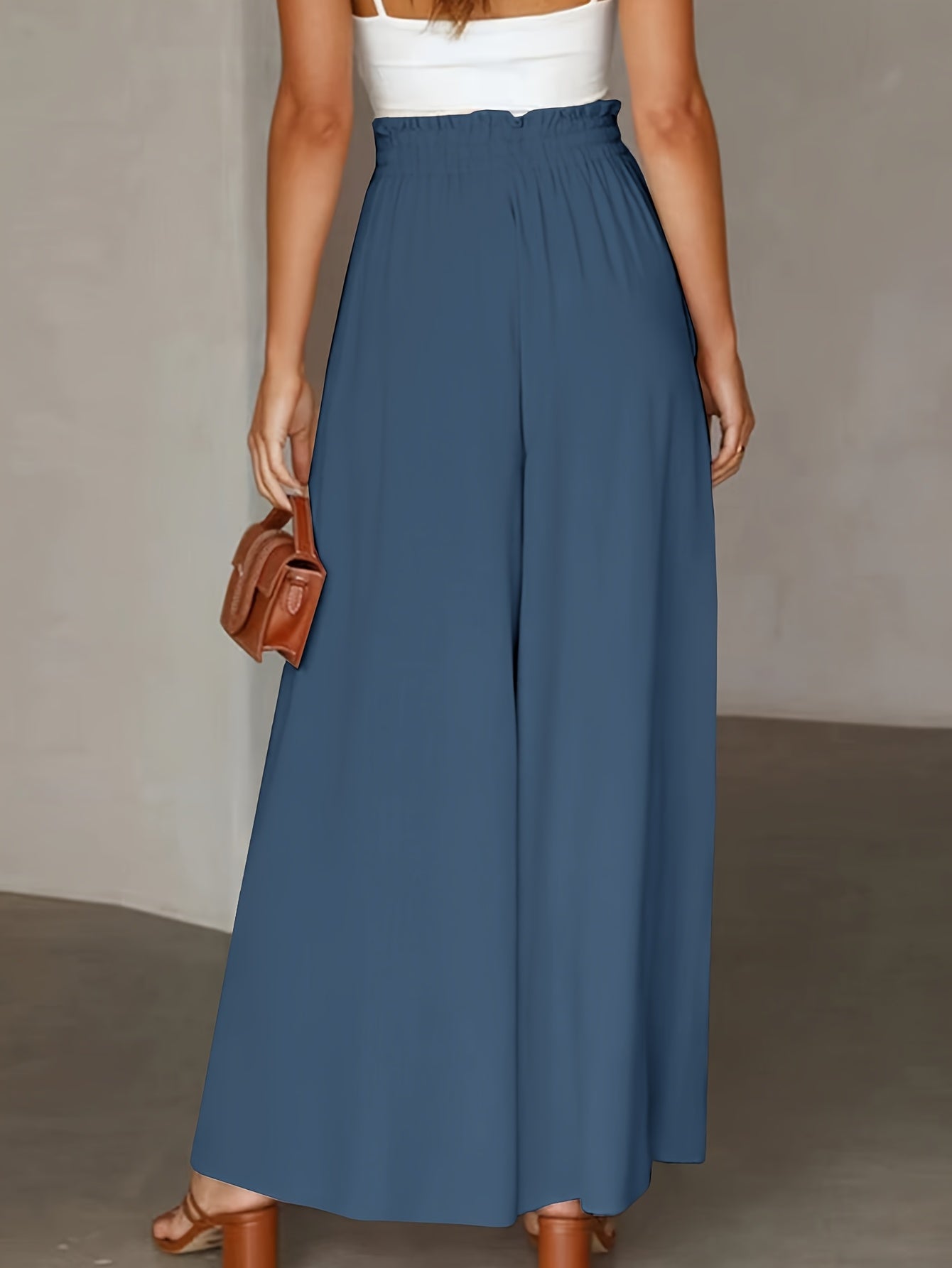 Pantalon Femme Jambe Large - Couleur Unie Élégante, Tissu Polyester Lisse Tissé - Décontracté Chic Toutes Saisons | Taille Micro-Élastique | Coupe Longue et Ample