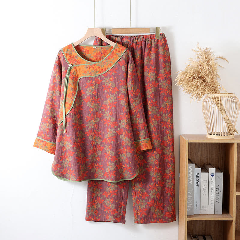 Pyjama Femme en Gaze de Coton à Motif Floral et Boutons Traditionnels – Ensemble 2 Pièces Léger, Respirant et Doux avec Fermeture Style Chinois