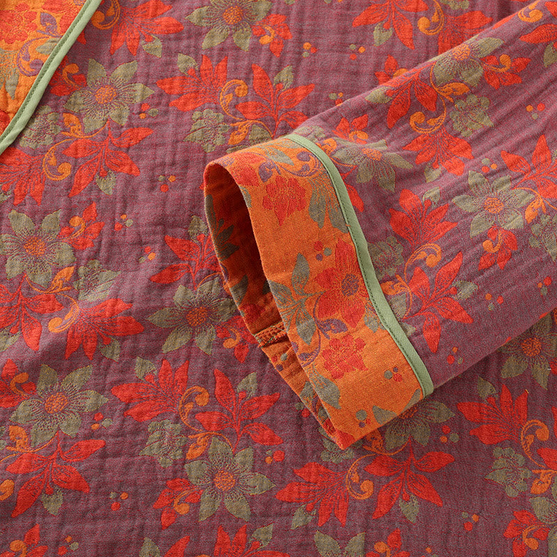 Pyjama Femme en Gaze de Coton à Motif Floral et Boutons Traditionnels – Ensemble 2 Pièces Léger, Respirant et Doux avec Fermeture Style Chinois