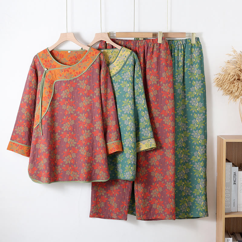 Pyjama Femme en Gaze de Coton à Motif Floral et Boutons Traditionnels – Ensemble 2 Pièces Léger, Respirant et Doux avec Fermeture Style Chinois