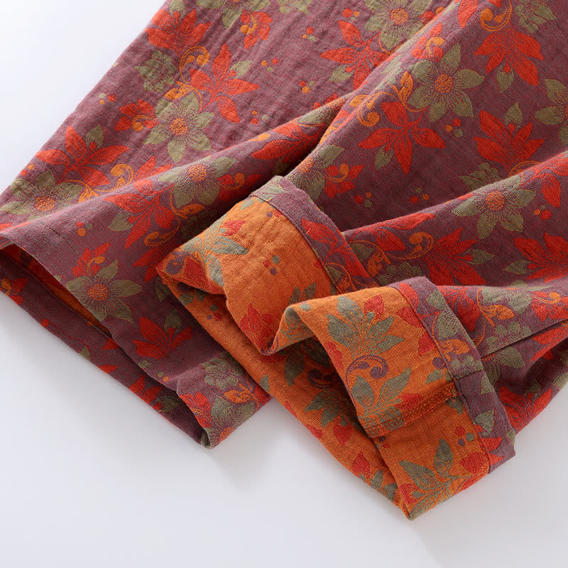 Pyjama Femme en Gaze de Coton à Motif Floral et Boutons Traditionnels – Ensemble 2 Pièces Léger, Respirant et Doux avec Fermeture Style Chinois