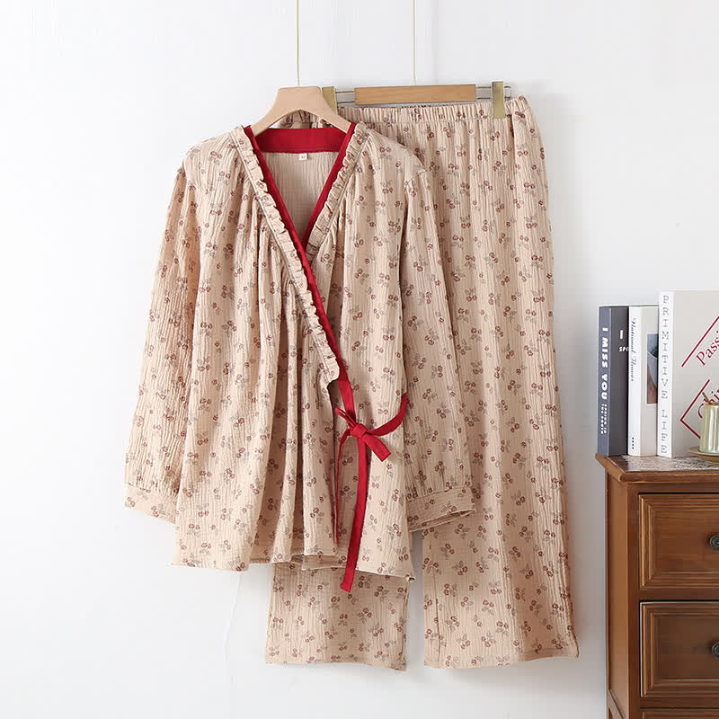 Pyjama Kimono Confort Femme en Gaze de Coton – Ensemble Léger 2 Pièces à Imprimé Rose Rurale, Doux et Respirant, Tenue de Nuit pour Toutes Saisons