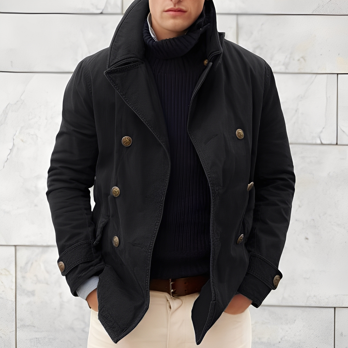 Modern Double-Breasted Men's Pea Coat – Vintage Windbreaker Jacket with Notched Collar