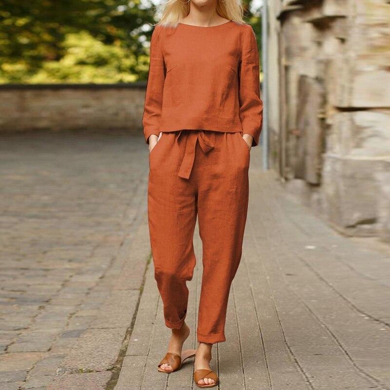 Ensemble Femme Deux Pièces en Coton – Blouse Manches Longues Élégante et Pantalon Taille Haute Relaxé – Respirant, Doux et Confortable au Quotidien