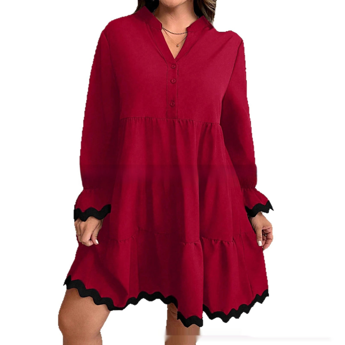 Robe midi femme ample à col V et manches longues