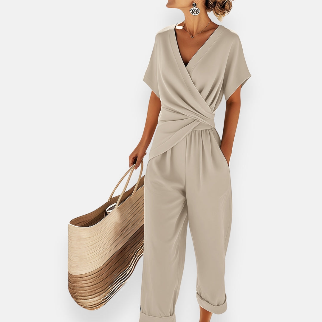 Ensemble Deux Pièces Élégant Femme – Haut Manches Courtes et Pantalon Court avec Nœud Drapé