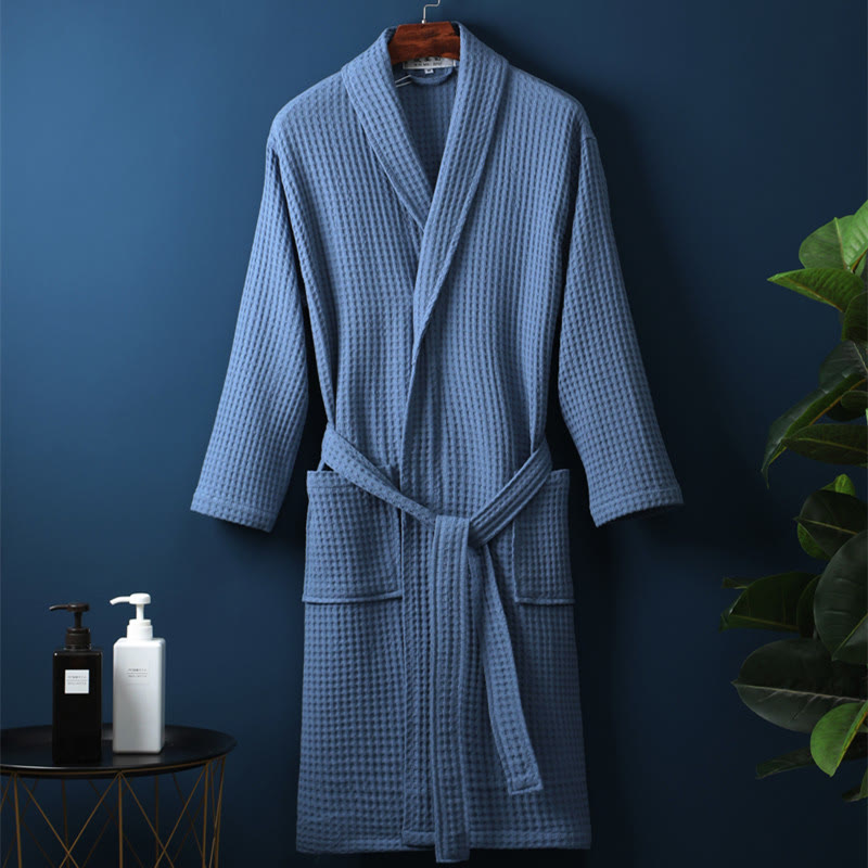 Peignoir unisexe en coton côtelé à col en V – Coupe ample, couleur unie, absorbant, respirant, confortable avec ceinture, idéal en toutes saisons