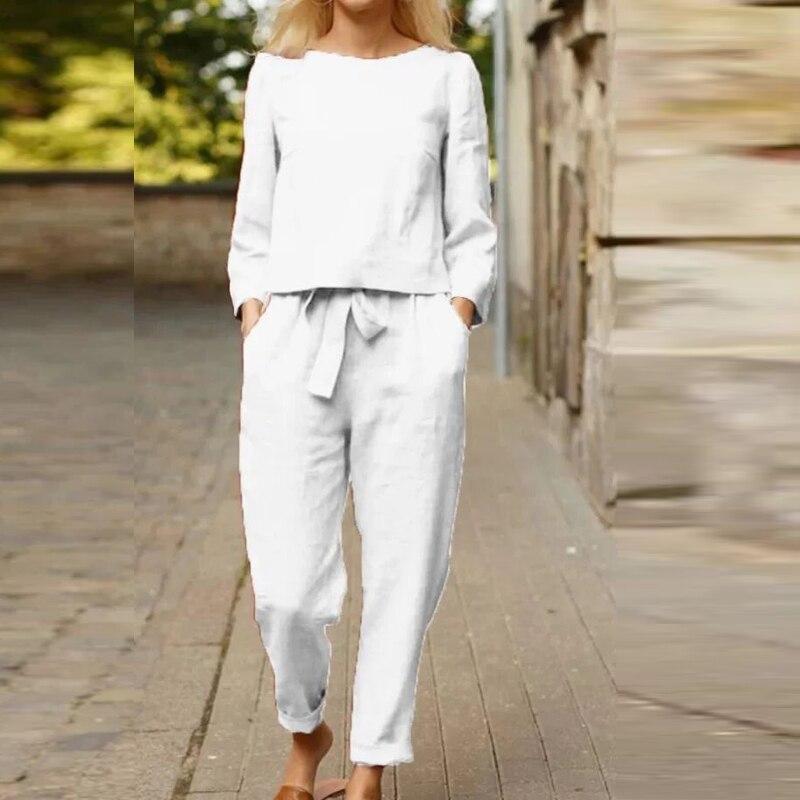 Ensemble Femme Deux Pièces en Coton – Blouse Manches Longues Élégante et Pantalon Taille Haute Relaxé – Respirant, Doux et Confortable au Quotidien