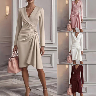 Robe Midi Élégante Femme à Col V Froncé – Coupe Ajustée Ligne A