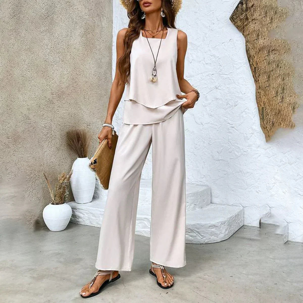 Ensemble d'Été Respirant Élégant Femme 2 Pièces – Haut Sans Manches Léger et Pantalon Taille Haute Large Assorti pour Journées Décontractées et Chic