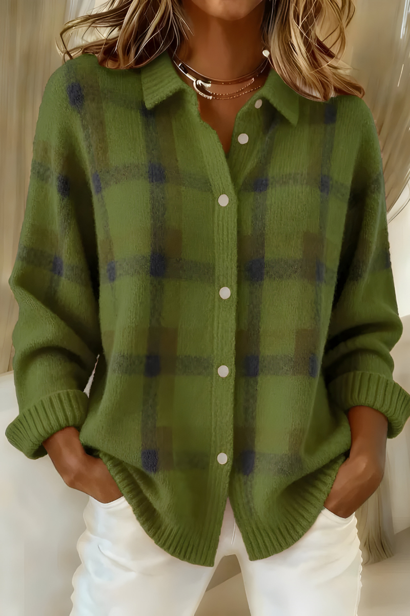 Cardigan Femme Doux à Carreaux – Tricot Plaid Élégant et Confortable