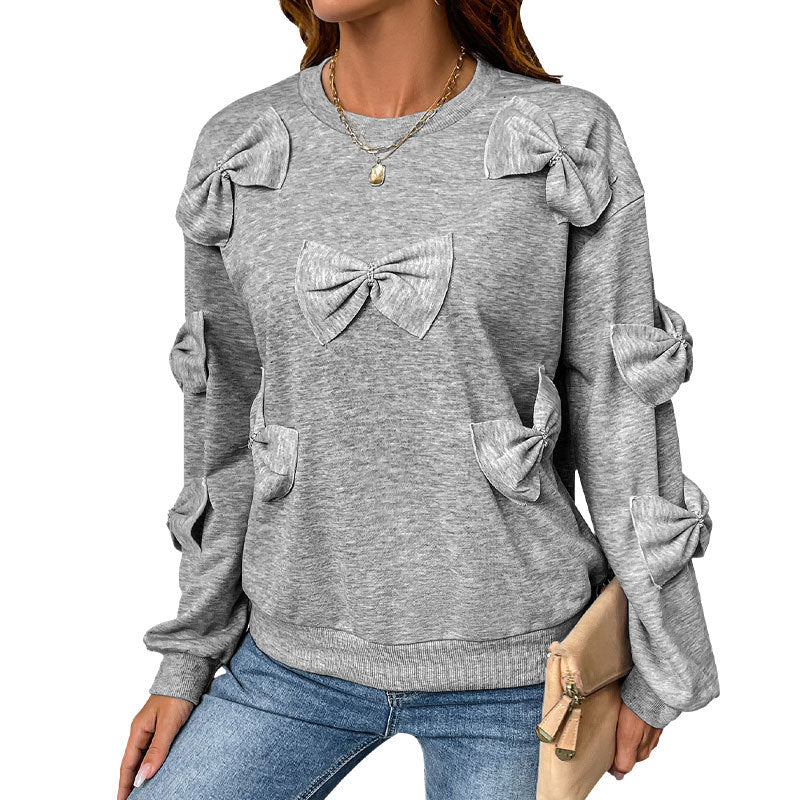 Pull Femme Doux à Nœud Cousu – Sweat Gris Col Rond Décontracté
