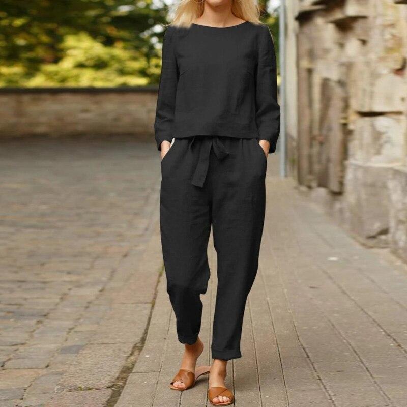Ensemble Femme Deux Pièces en Coton – Blouse Manches Longues Élégante et Pantalon Taille Haute Relaxé – Respirant, Doux et Confortable au Quotidien