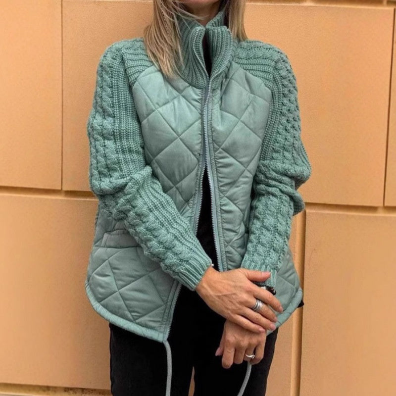 Quilted jacket for women with stand-up collar – Warm zipped down jacket with knit fabric
