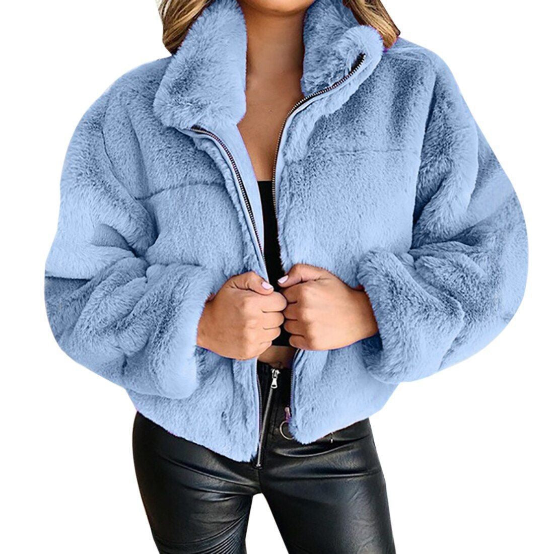Chaqueta de punto de imitación de piel con cremallera - Cálida y con cremallera