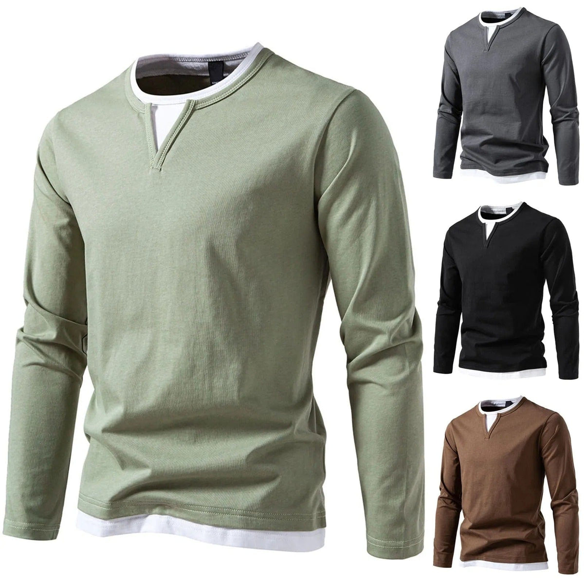 Polo Homme à Manches Longues avec Col Rond et Effet Superposé – Essentiel Décontracté et Stylé