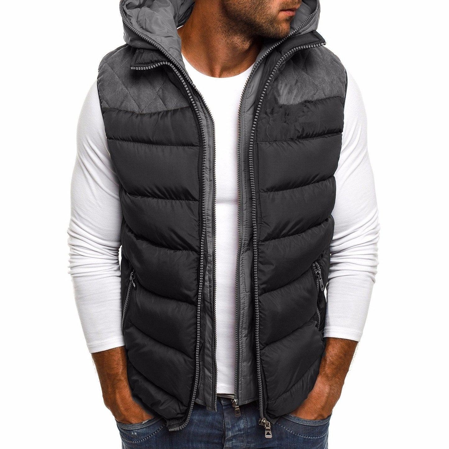 Veste sans manches à capuche en coton chaud pour homme avec intérieur matelassé