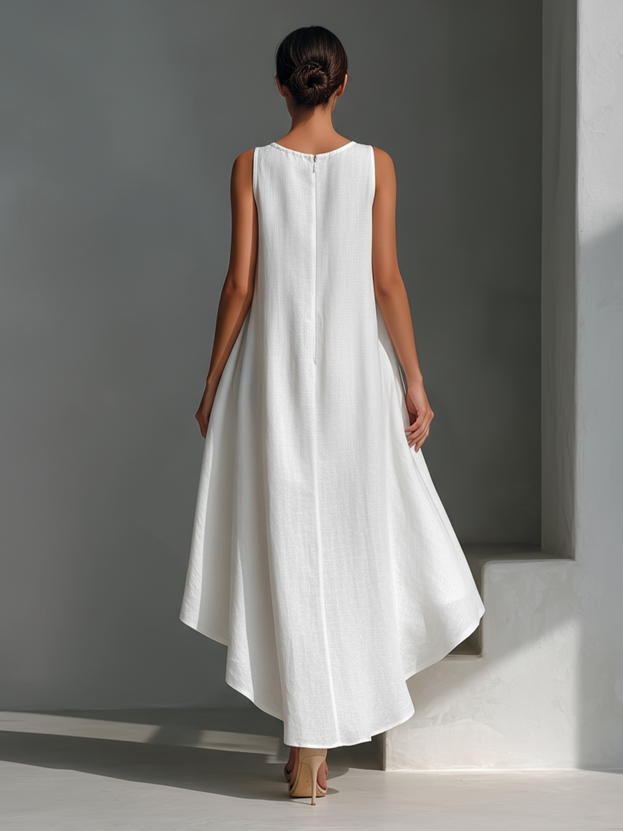 Women's Sleeveless Midi Linen Dress - Flowing and Asymmetric