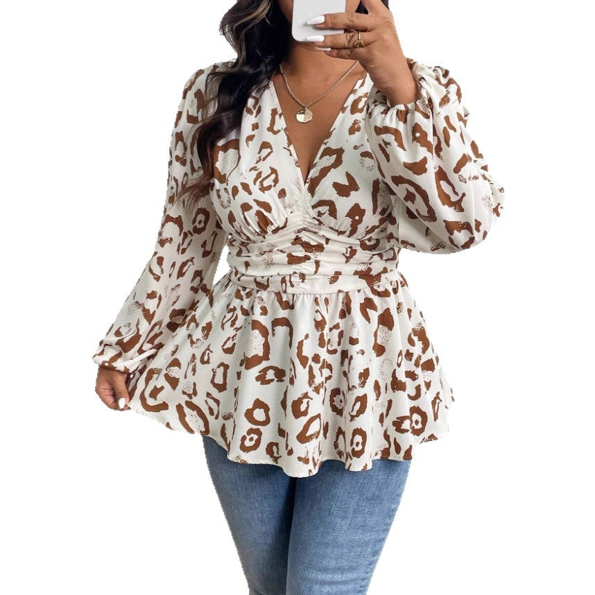Women's leopard print blouse with V-neck and long sleeves