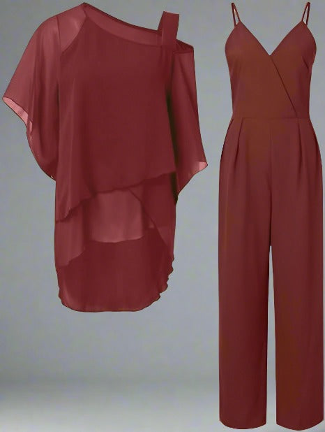 Ensemble de Luxe Femme Jumpsuit et Blouse Épaule Asymétrique en Mousseline – Tenue Élégante Légère Fluide Deux Pièces