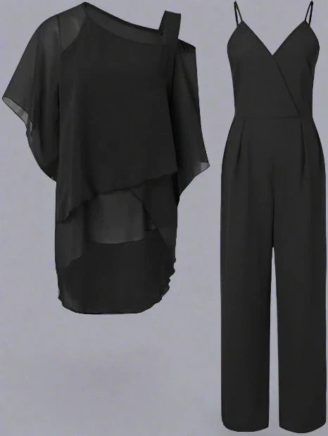 Ensemble de Luxe Femme Jumpsuit et Blouse Épaule Asymétrique en Mousseline – Tenue Élégante Légère Fluide Deux Pièces