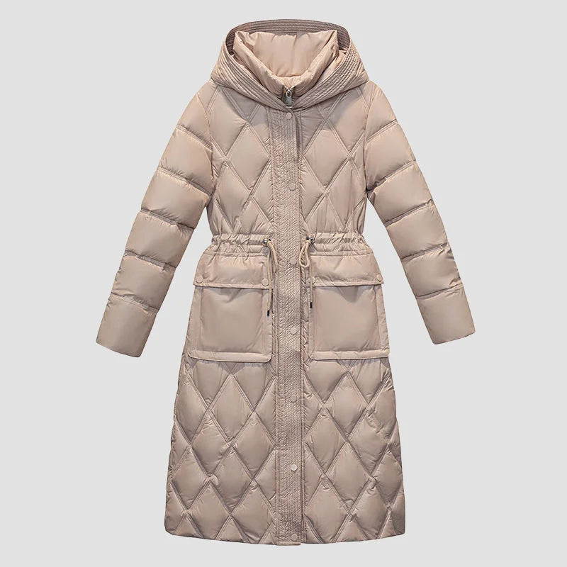 Long quilted A-line winter coat for women – Comfortable zipped down jacket