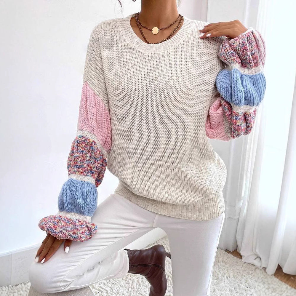 Pull Femme Multicolore – Coupe Large avec Manches Bouffantes Crème et Rose