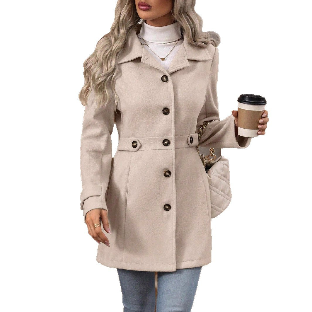 Manteau Femme en Mélange de Laine à Simple Boutonnage – Veste Élégante Mi-Longue à Revers