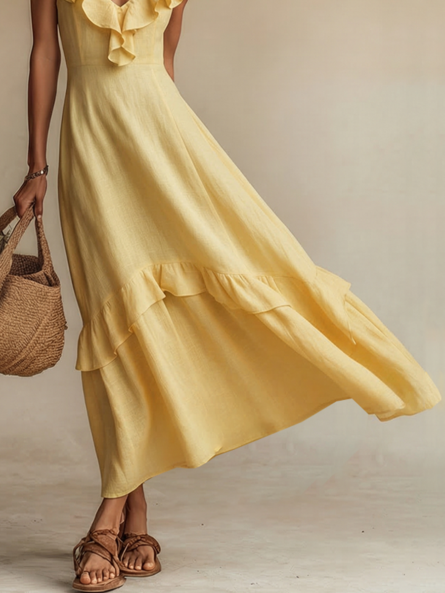 Women's Yellow Linen Maxi Dress with V-Neck and Ruffles - Bohemian and Summery