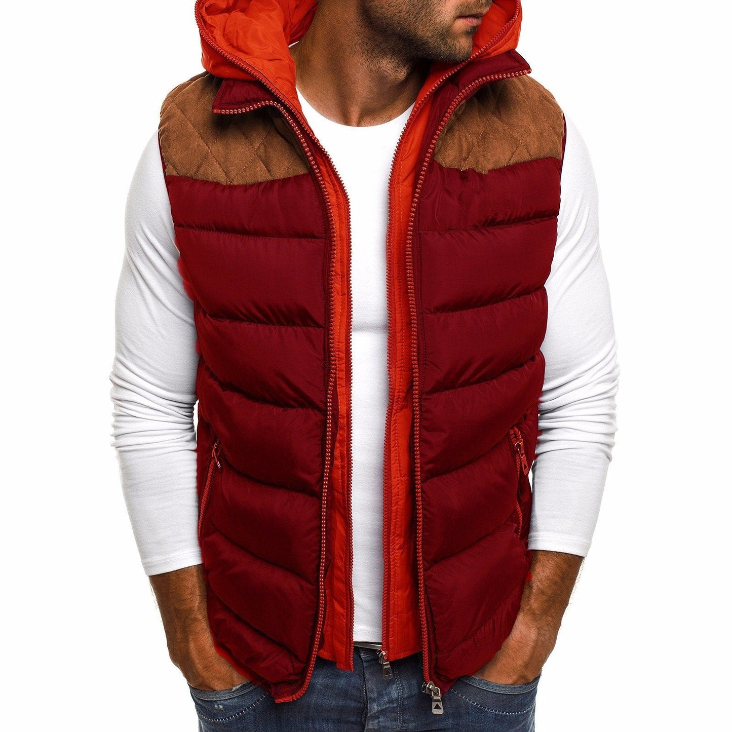 Veste sans manches à capuche en coton chaud pour homme avec intérieur matelassé