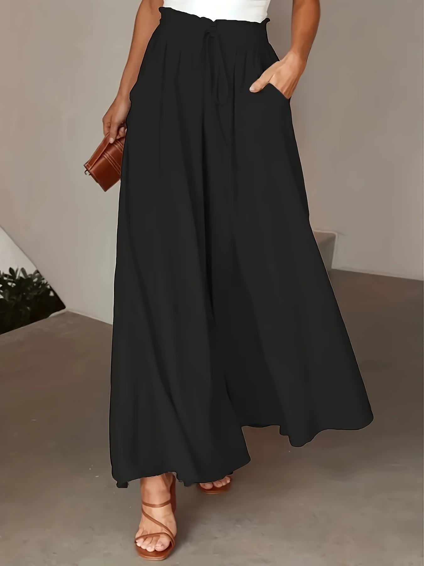Pantalon Femme Jambe Large - Couleur Unie Élégante, Tissu Polyester Lisse Tissé - Décontracté Chic Toutes Saisons | Taille Micro-Élastique | Coupe Longue et Ample