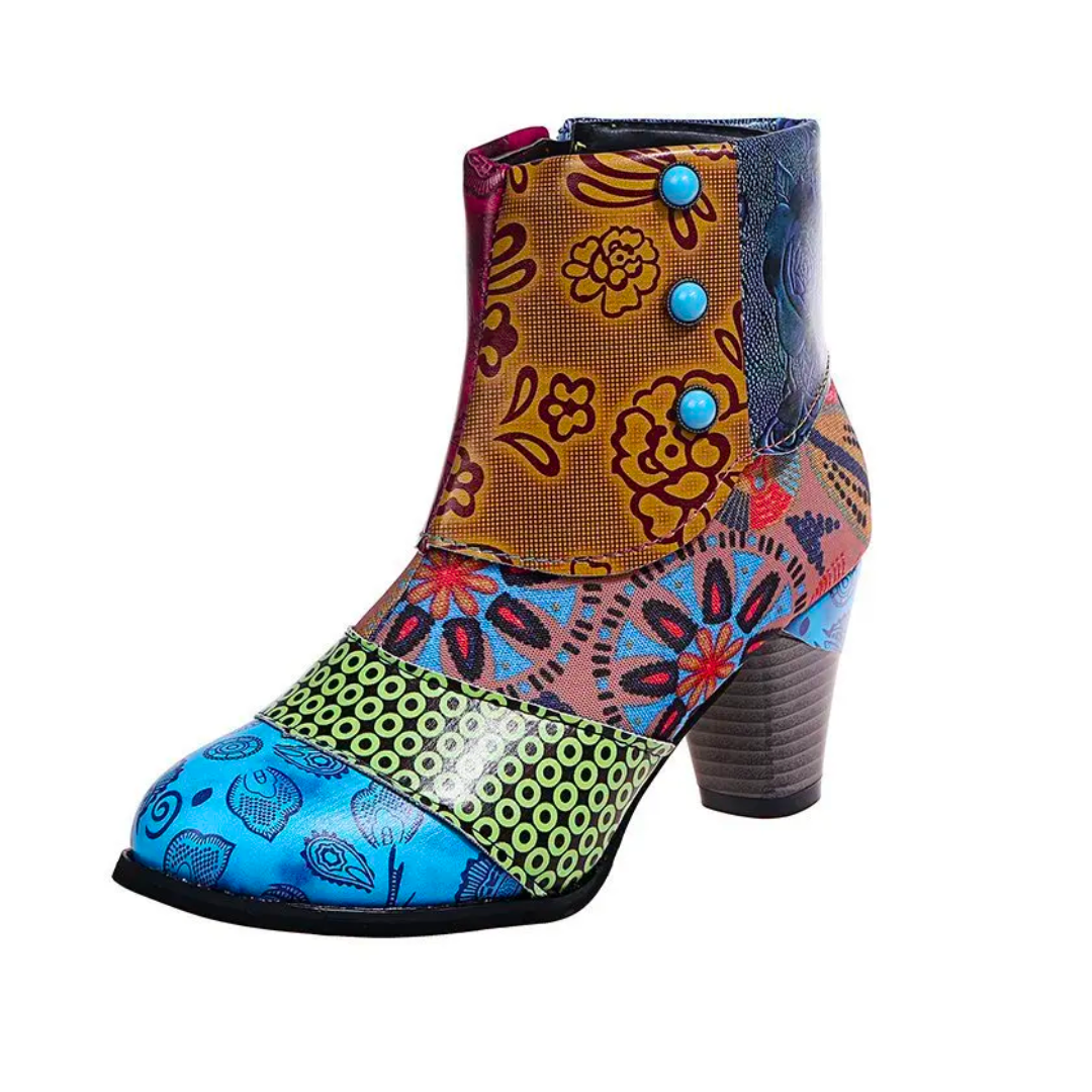 Bottes Femme Boho à Motifs Floraux – Talon Épais Confortable avec Fermeture Éclair