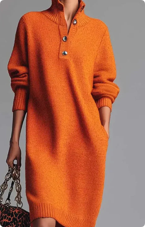 Long-Sleeved Women's Sweater Dress – High V-Neck with Buttons