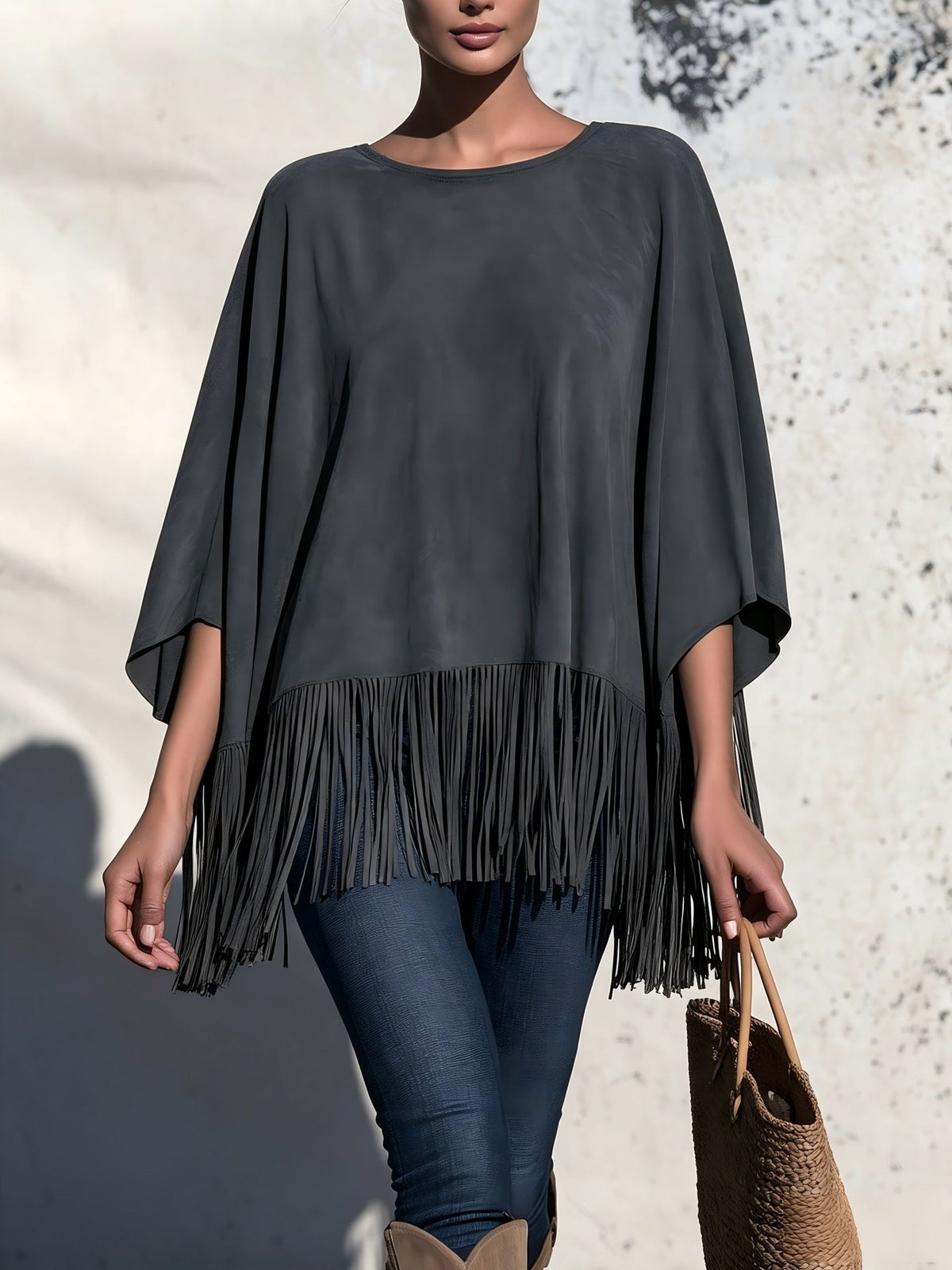 Chemisier femme ample col rond a franges - Fluide et original