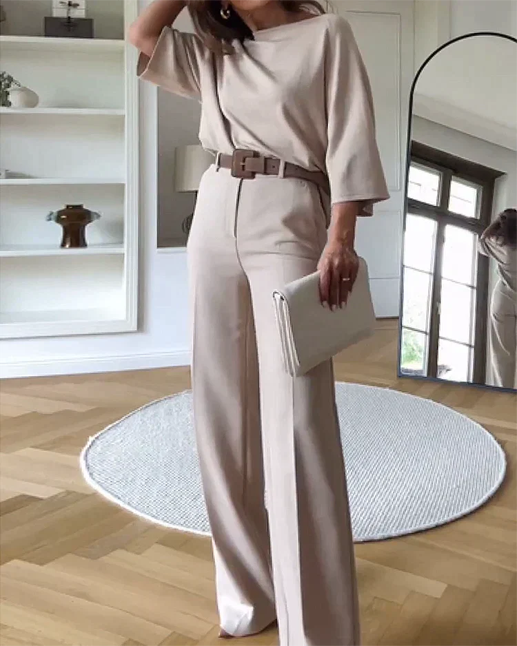 Elegant Women's Two-Piece Set – Batwing Sleeve Top and Wide Pants