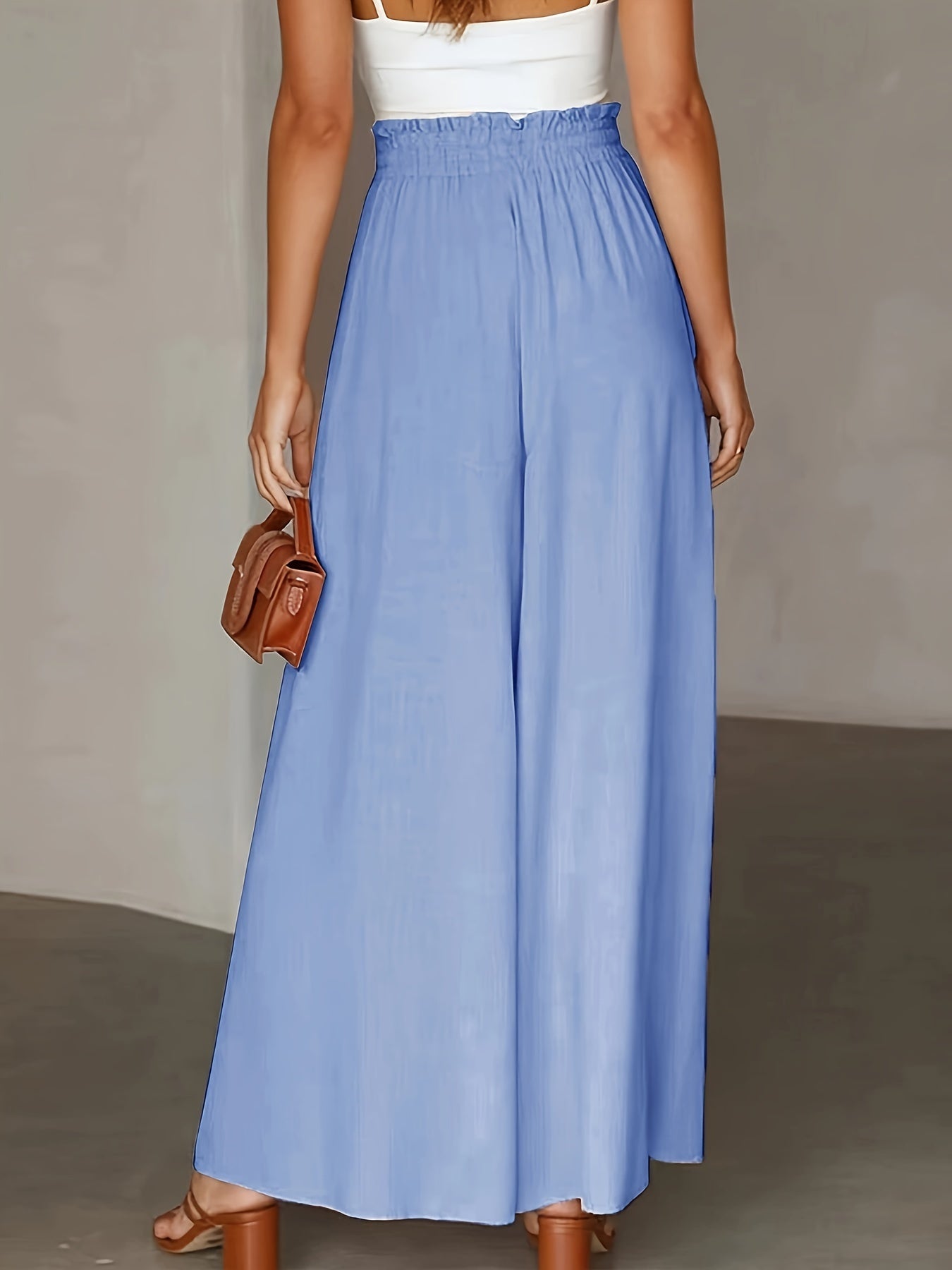 Pantalon Femme Jambe Large - Couleur Unie Élégante, Tissu Polyester Lisse Tissé - Décontracté Chic Toutes Saisons | Taille Micro-Élastique | Coupe Longue et Ample