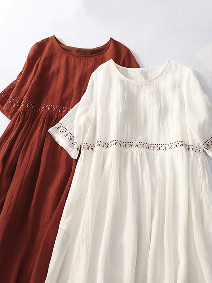 Casual Long White Linen Dress with Embroidery for Women – Summer, Beach Outfit
