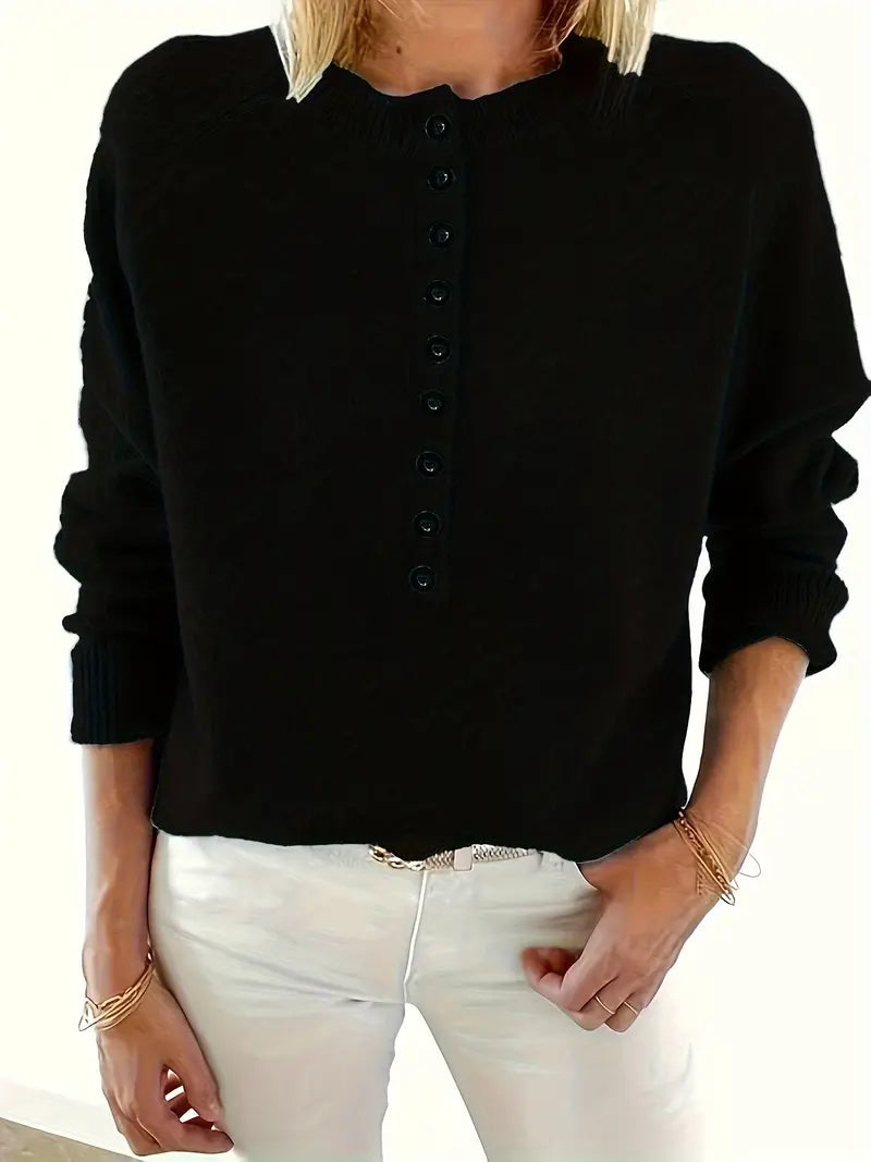 Women's crew-neck sweater with buttons - Elegant and comfortable