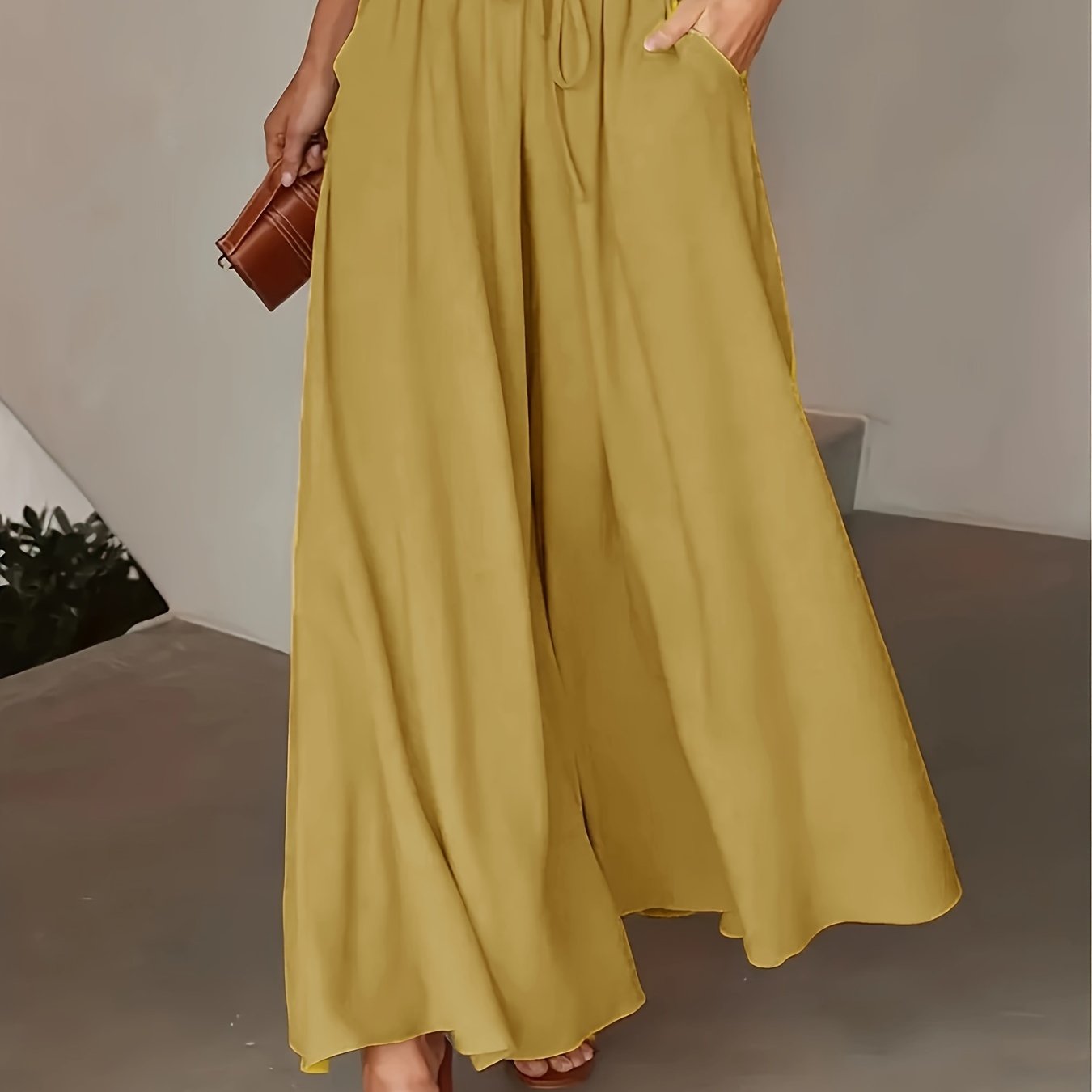 Pantalon Femme Jambe Large - Couleur Unie Élégante, Tissu Polyester Lisse Tissé - Décontracté Chic Toutes Saisons | Taille Micro-Élastique | Coupe Longue et Ample