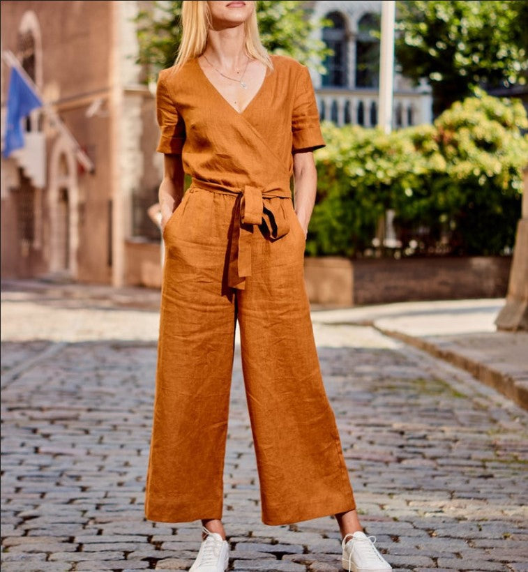 Women's color block short-sleeve jumpsuit with a loose fit