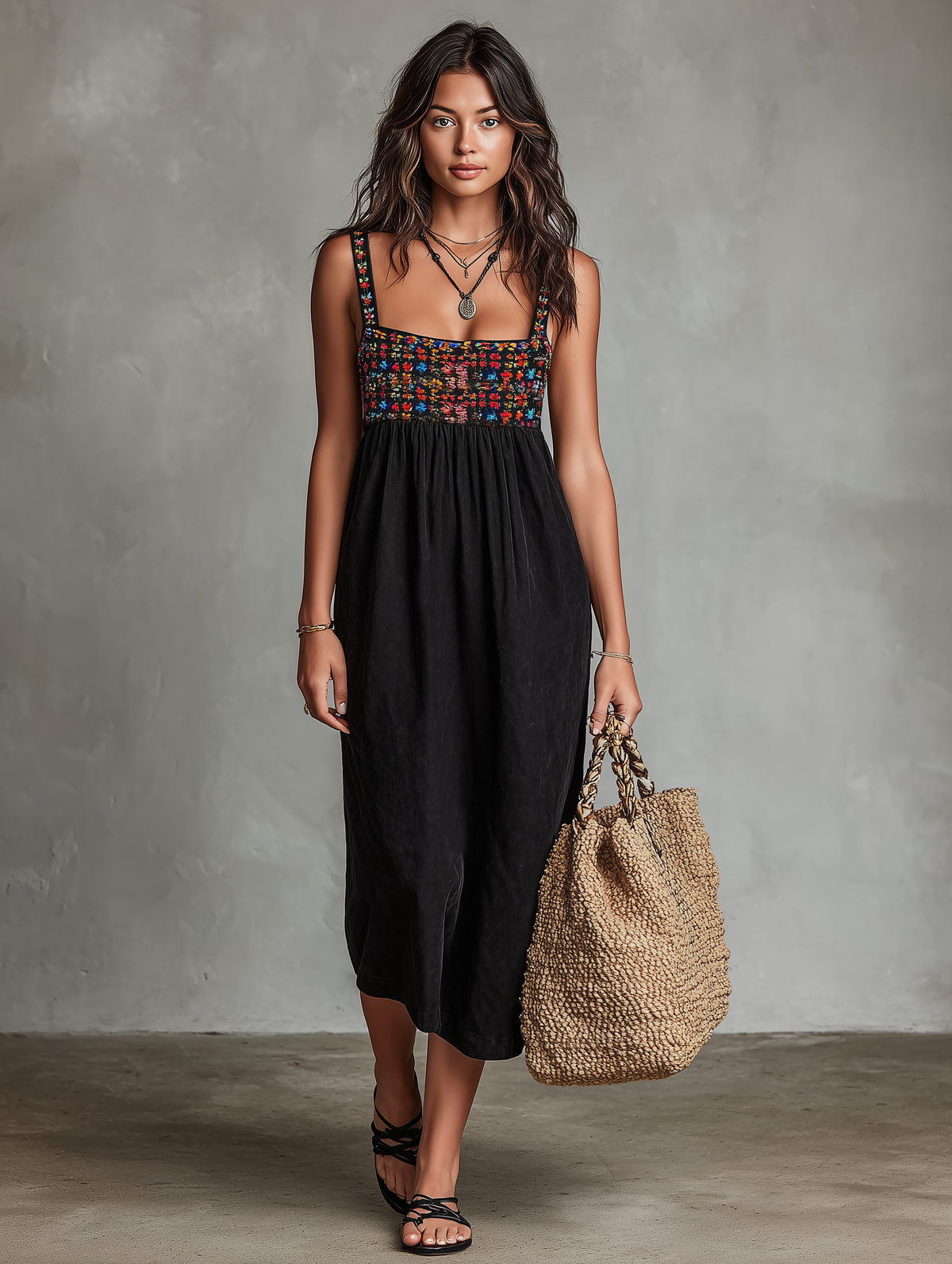 Women's embroidered midi dress with suedine effect - Bohemian and elegant
