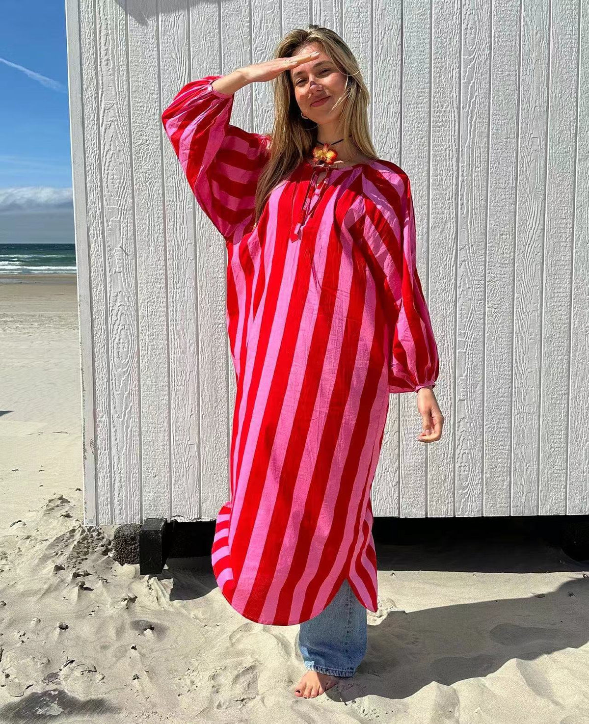 Loose long women's dress with printed stripes - Casual and elegant