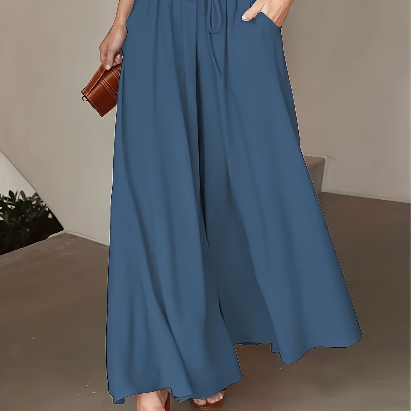 Pantalon Femme Jambe Large - Couleur Unie Élégante, Tissu Polyester Lisse Tissé - Décontracté Chic Toutes Saisons | Taille Micro-Élastique | Coupe Longue et Ample