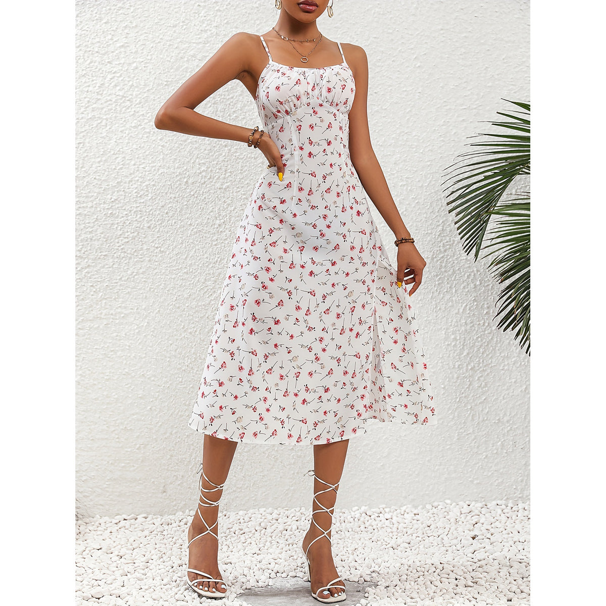 Midi Dress with Dots and Slit for Women – Elegant Sleeveless Summer Dress